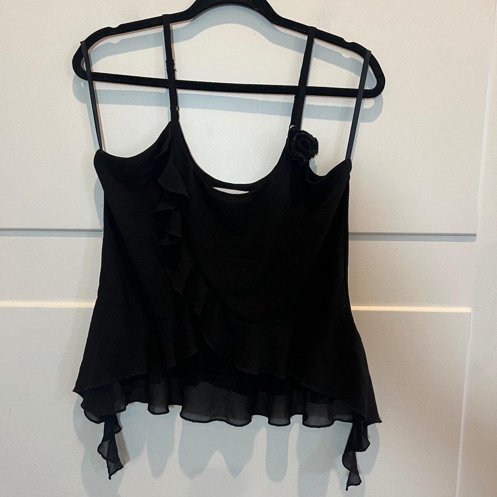 Lucky Brand Black Ruffle Chiffon Sleeveless Tank Top Flower Detail Women's small